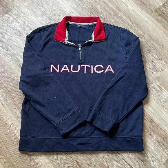 Nautica quarter zip logo sweatshirt Navy w/ red & white stitching Mens size L - Picture 3 of 11